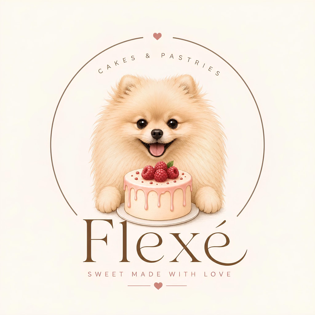 Логотип Flexé — кремовый шпиц с малиновым тортом, Торты и десерты, Создано с любовью